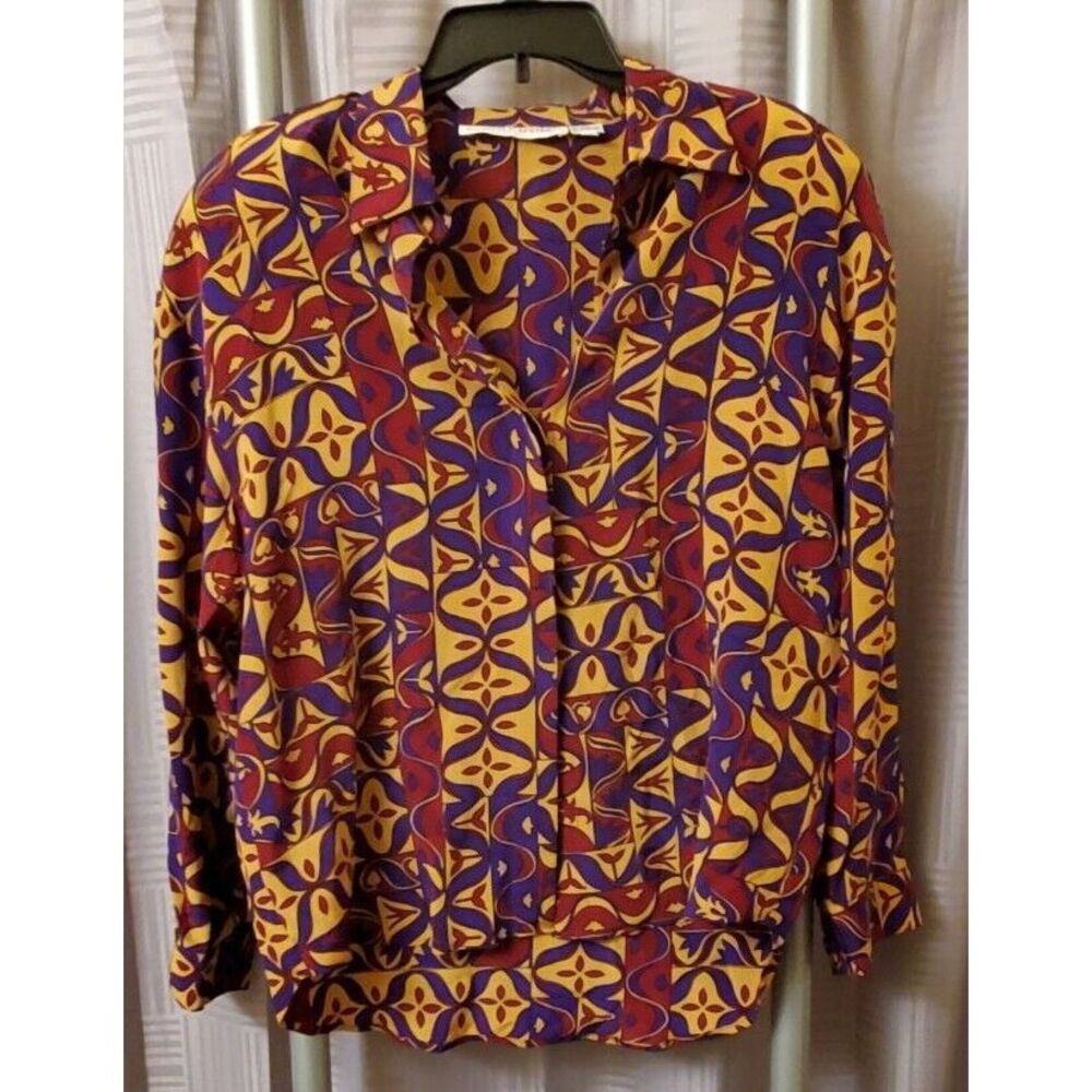 ELEANOR P. BRENNER Women 100%‎ Silk Long Sleeve Blouse Multi-color Geometric L